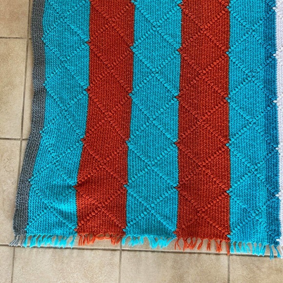 Afghan Knit Crochet Blanket Throw Handmade Turquoise Coral White Stripe 65x54 - Picture 6 of 7